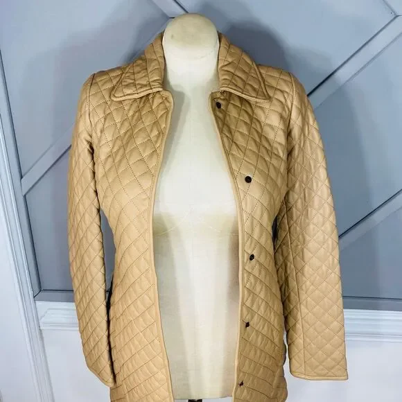 New Neiman Marcus Leather Collection Quilted Lamb Leather Trench Coat Neutral Ca - Picture 3 of 10